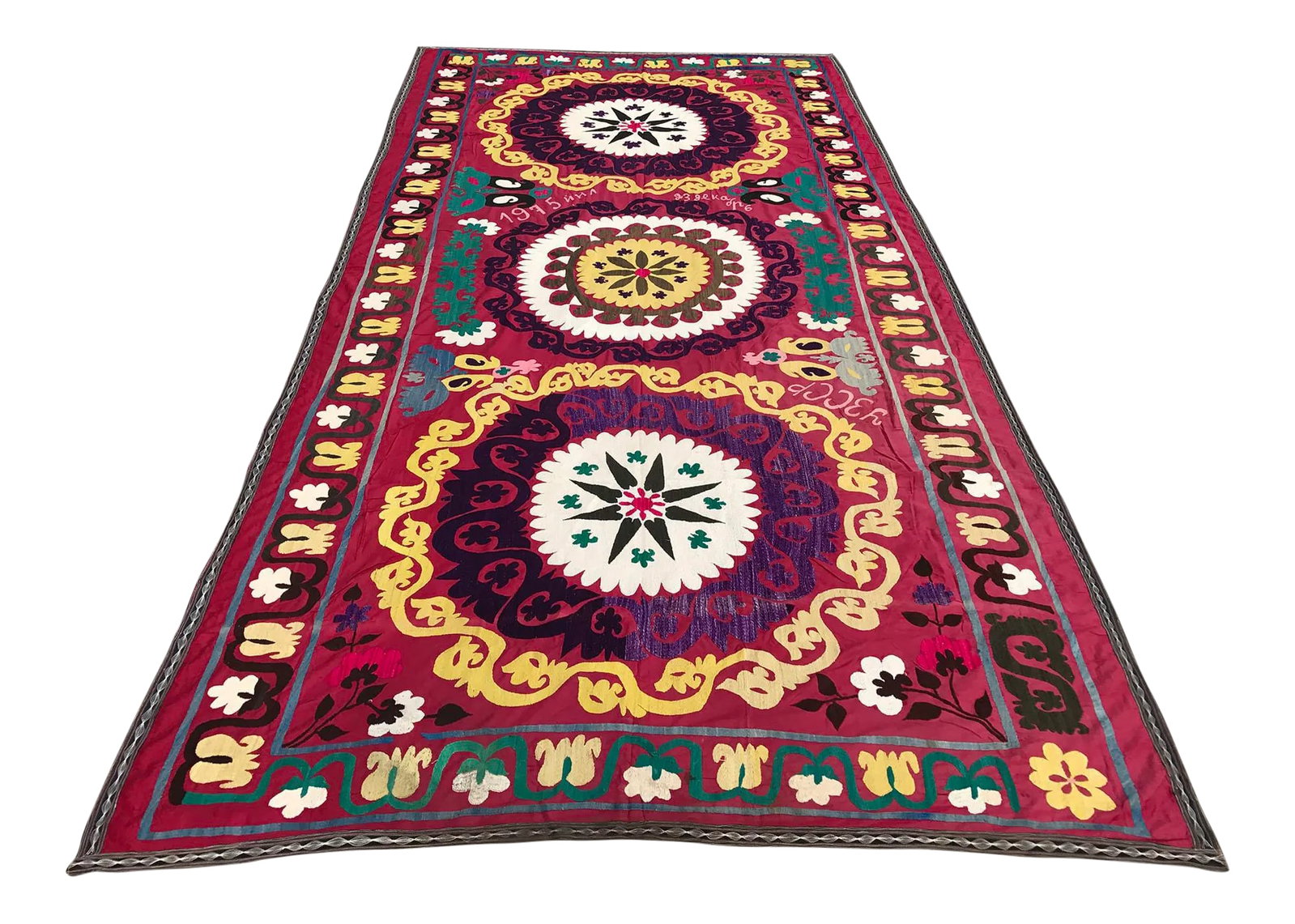 1975 Handmade Suzani Bedspread: Large, DARK PINK SUZANI FABRIC - Handmade Bedspread - Vintage Table Cover - Wall Hanging. * size is 11.9 FEET x 4.2 FEET ( 363 CM x 130 CM ) * multi color - DARK PINK Background with Perfect