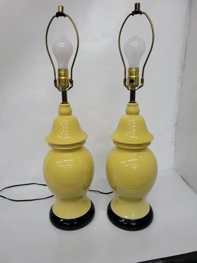Mid Century Hollywood Regency Yellow Ceramic Ginger Jar Yellow Table Lamps - A Pair - 2