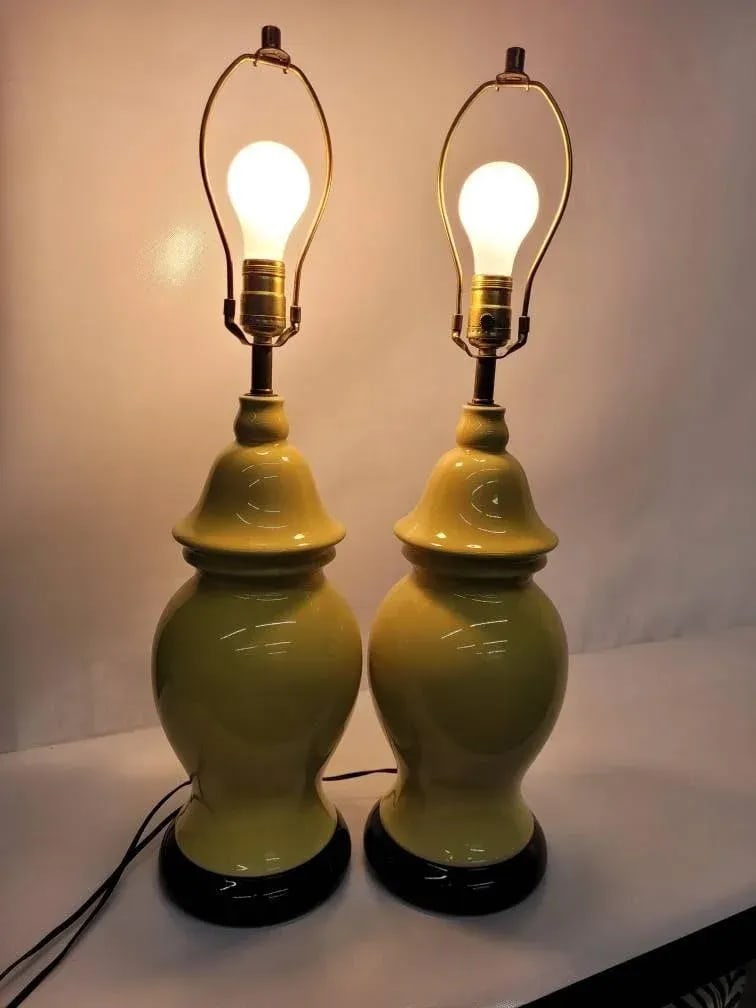 Mid Century Hollywood Regency Yellow Ceramic Ginger Jar Yellow Table Lamps - A Pair - 3