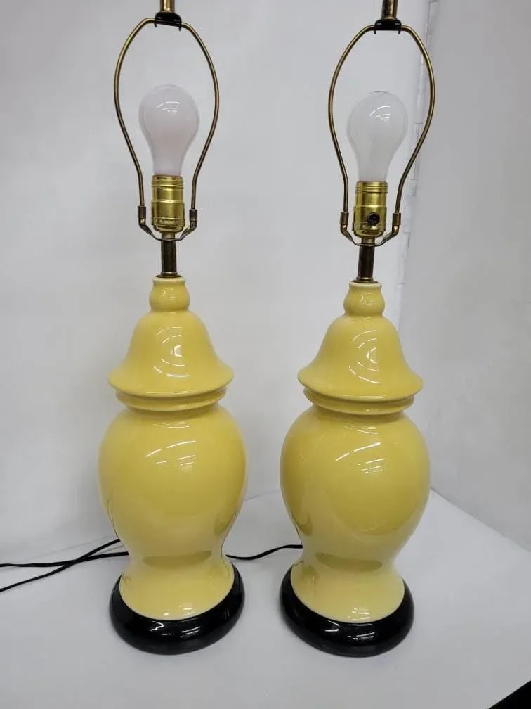 Mid Century Hollywood Regency Yellow Ceramic Ginger Jar Yellow Table Lamps - A Pair - 4