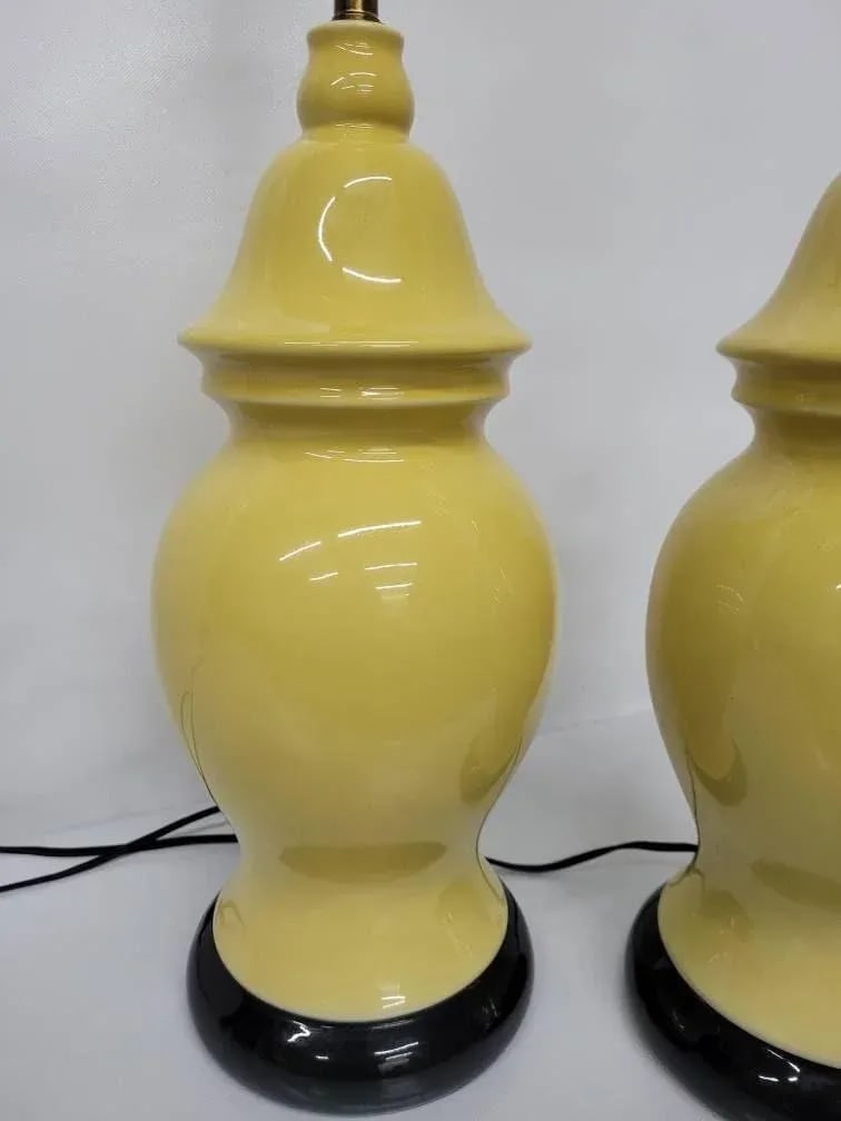 Mid Century Hollywood Regency Yellow Ceramic Ginger Jar Yellow Table Lamps - A Pair - 6