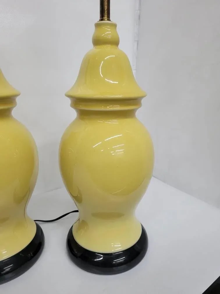 Mid Century Hollywood Regency Yellow Ceramic Ginger Jar Yellow Table Lamps - A Pair - 8