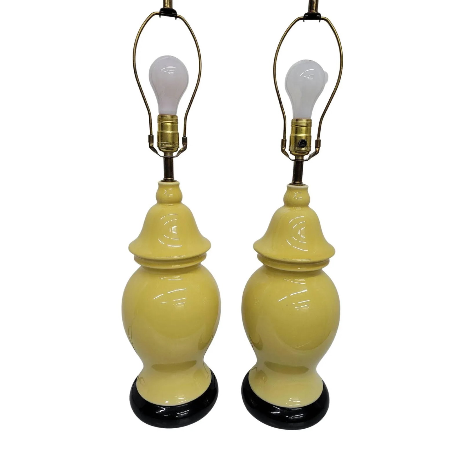 Mid Century Hollywood Regency Yellow Ceramic Ginger Jar Yellow Table Lamps - A Pair - 9