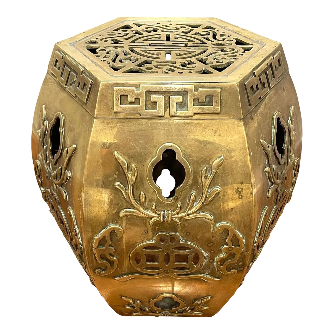 Vintage Brass Asian Hexagonal Garden Stool: Vintage Heavy Brass Asian Garden Stool. Weight approximately 15 Pounds Approximate measurements: Height 16.1/2" diameter 15.1/2". Condition: Alterations: Unknown Imperfections: Some Imperfections