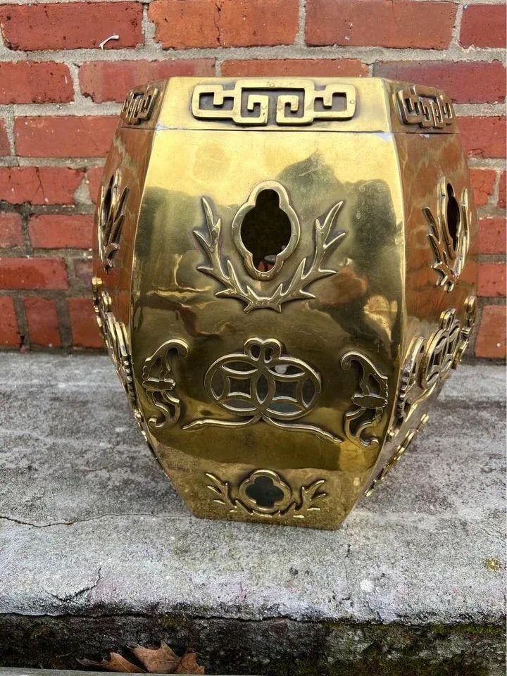 Vintage Brass Asian Hexagonal Garden Stool - 2