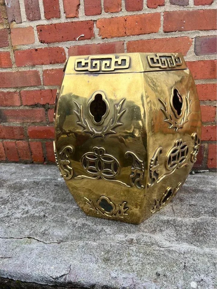 Vintage Brass Asian Hexagonal Garden Stool - 4