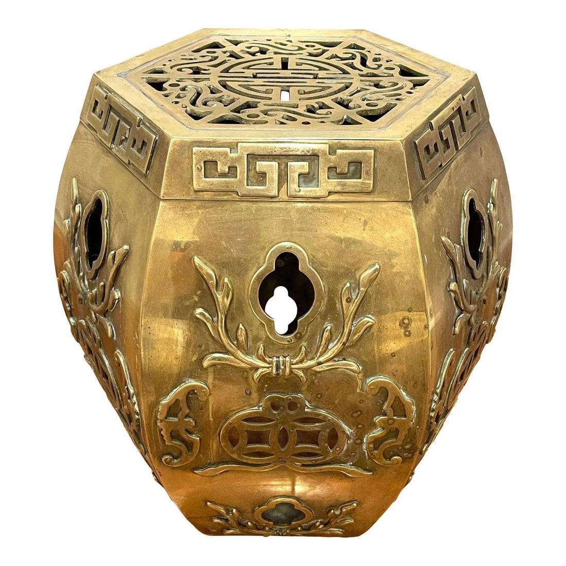 Vintage Brass Asian Hexagonal Garden Stool - 6
