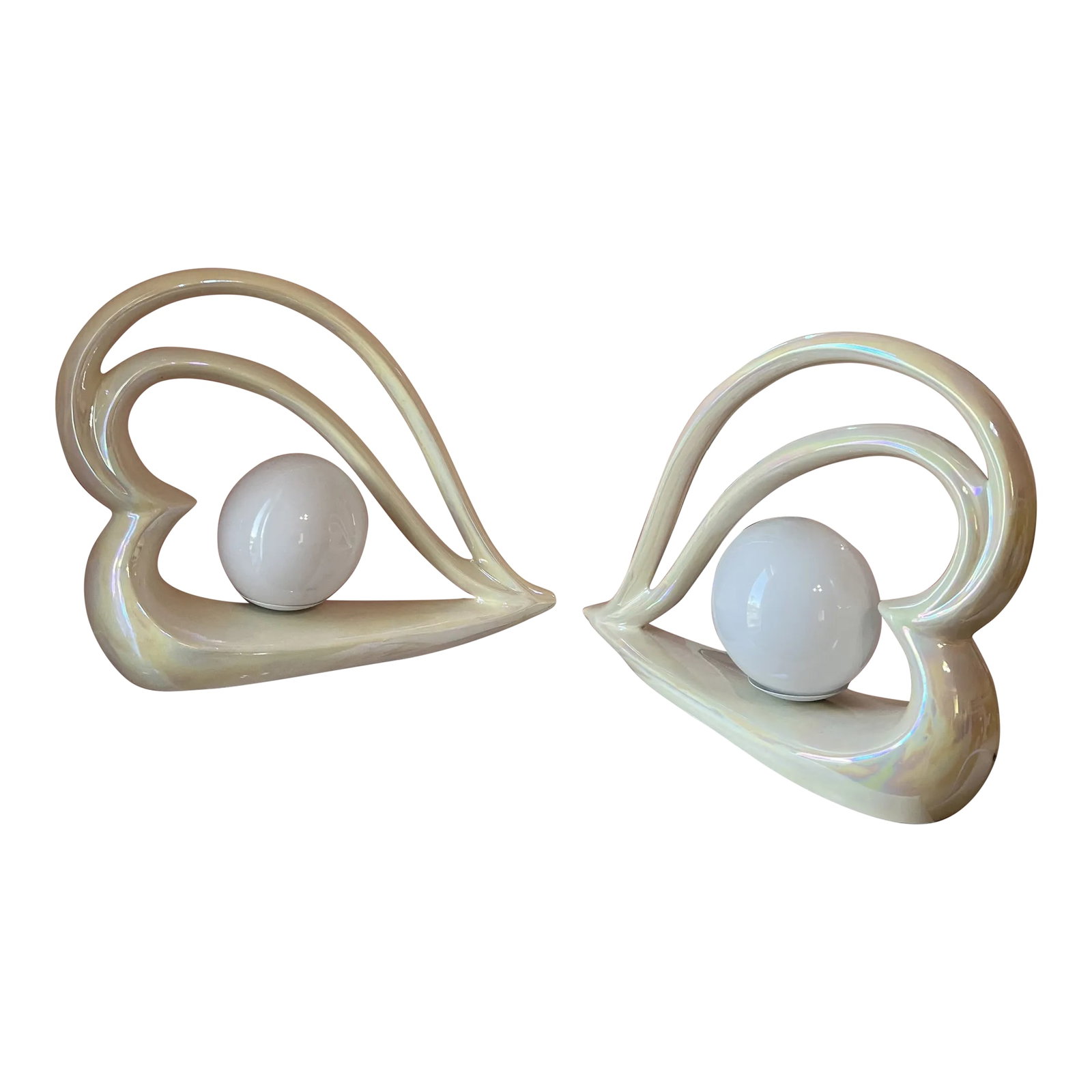 1980s Art Deco Revival Ceramic Heart Lamps - a Pair: Art Deco Revival Ceramic Heart Lamps - a Pair Condition: Alterations: Original Condition Unaltered Imperfections: Some Imperfections Condition Notes: Excellent vintage condition Materials &