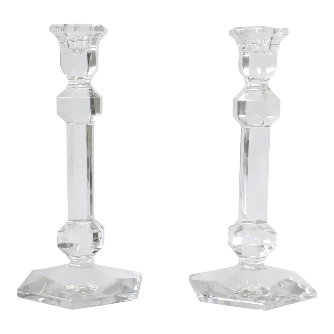 Belgian Val Saint Lambert Crystal Candlesticks, Pair: A beautiful pair of Belgian crystal candlestick holders from luxury maker Val Saint Lambert, Belgium. Pair have a Hexagon base and measure 9.63" Height. Markers' acid mark on bottom "Val Saint Lambert