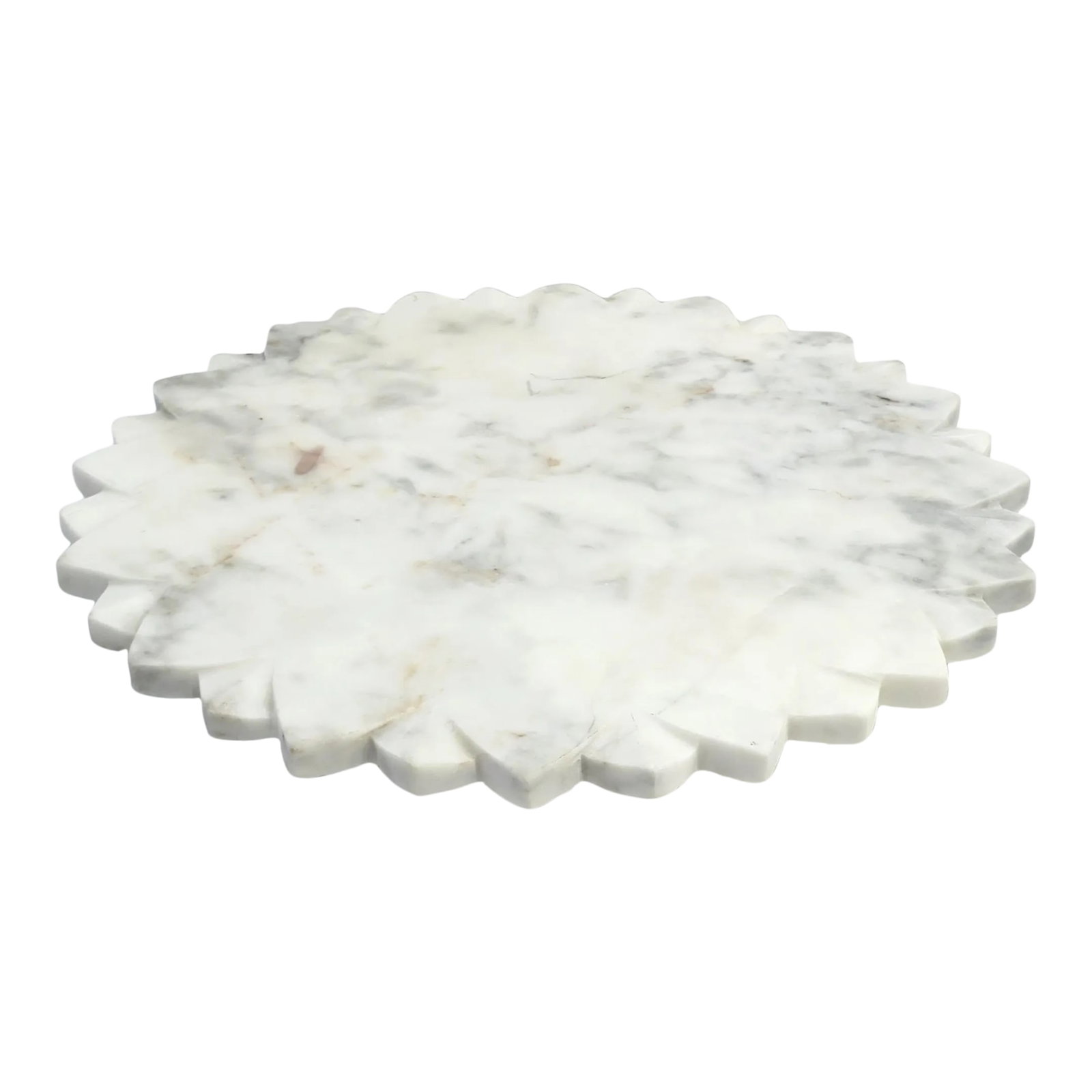 White Marble Lazy Susan: A substantial, predominantly white, marble Lazy-Susan with star-like design, circa 21st century. Marble is white with grey and light-burgundy red veining/hues. A great piece for a kitchen, bar, entert