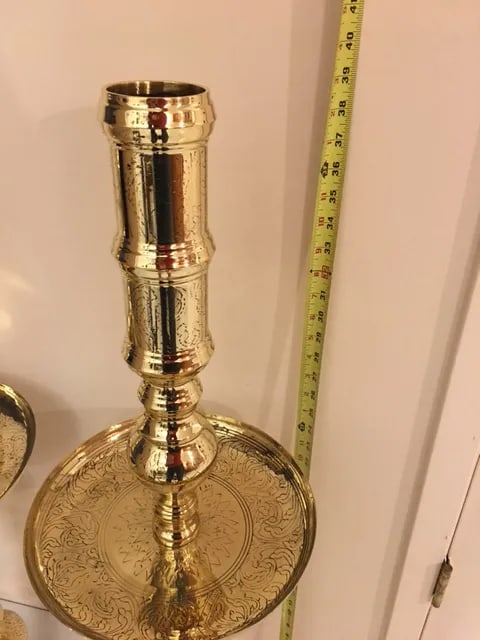 Antique Architectural Gothic Church Paschal Alter Brass Candlesticks - A Pair - 10