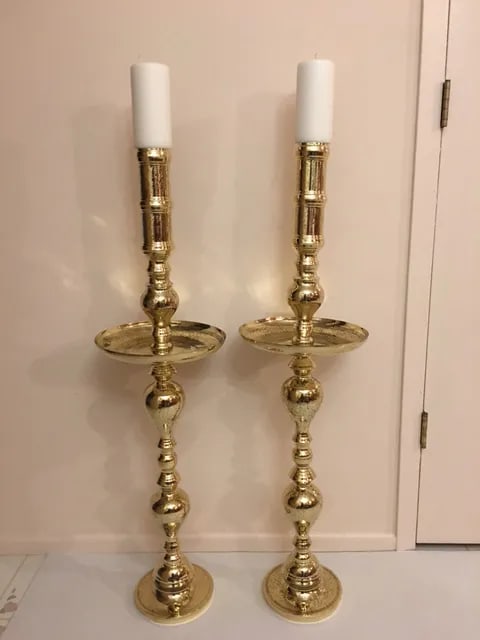Antique Architectural Gothic Church Paschal Alter Brass Candlesticks - A Pair - 2