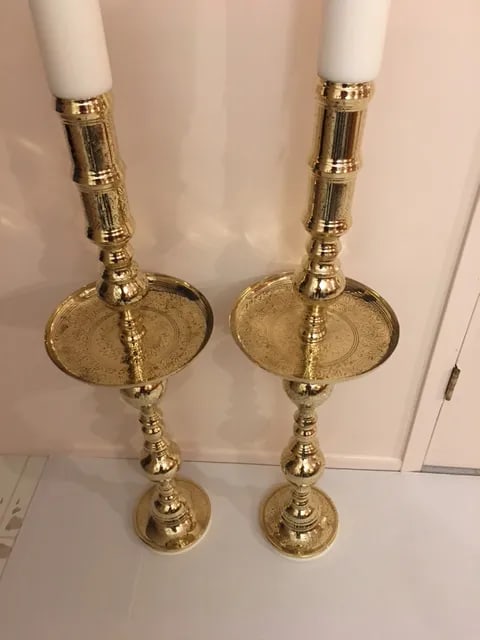 Antique Architectural Gothic Church Paschal Alter Brass Candlesticks - A Pair - 3