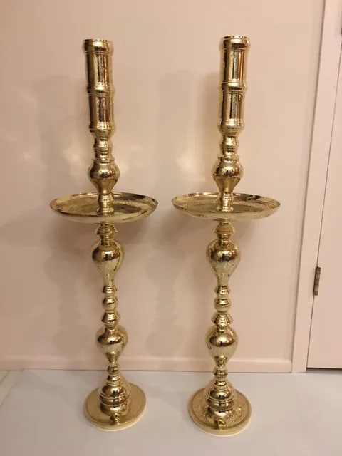 Antique Architectural Gothic Church Paschal Alter Brass Candlesticks - A Pair - 4