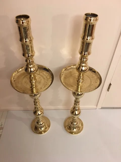 Antique Architectural Gothic Church Paschal Alter Brass Candlesticks - A Pair - 5