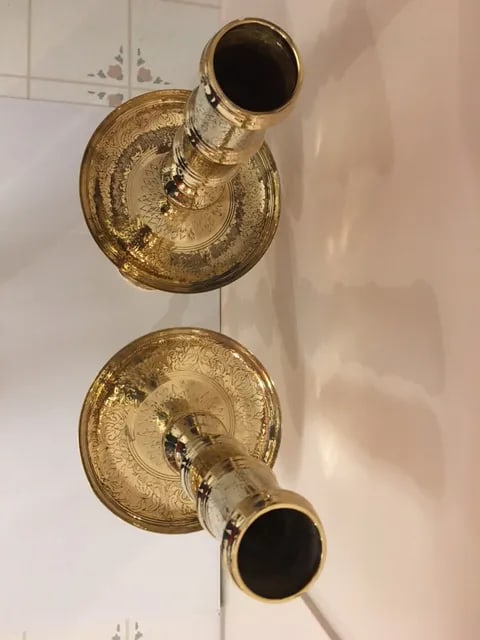 Antique Architectural Gothic Church Paschal Alter Brass Candlesticks - A Pair - 7