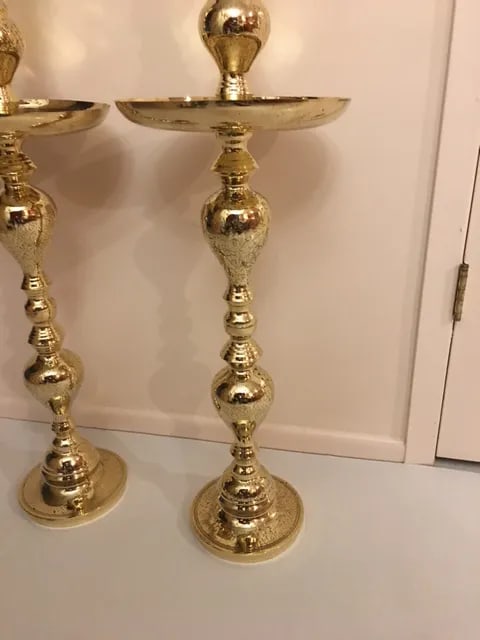 Antique Architectural Gothic Church Paschal Alter Brass Candlesticks - A Pair - 9