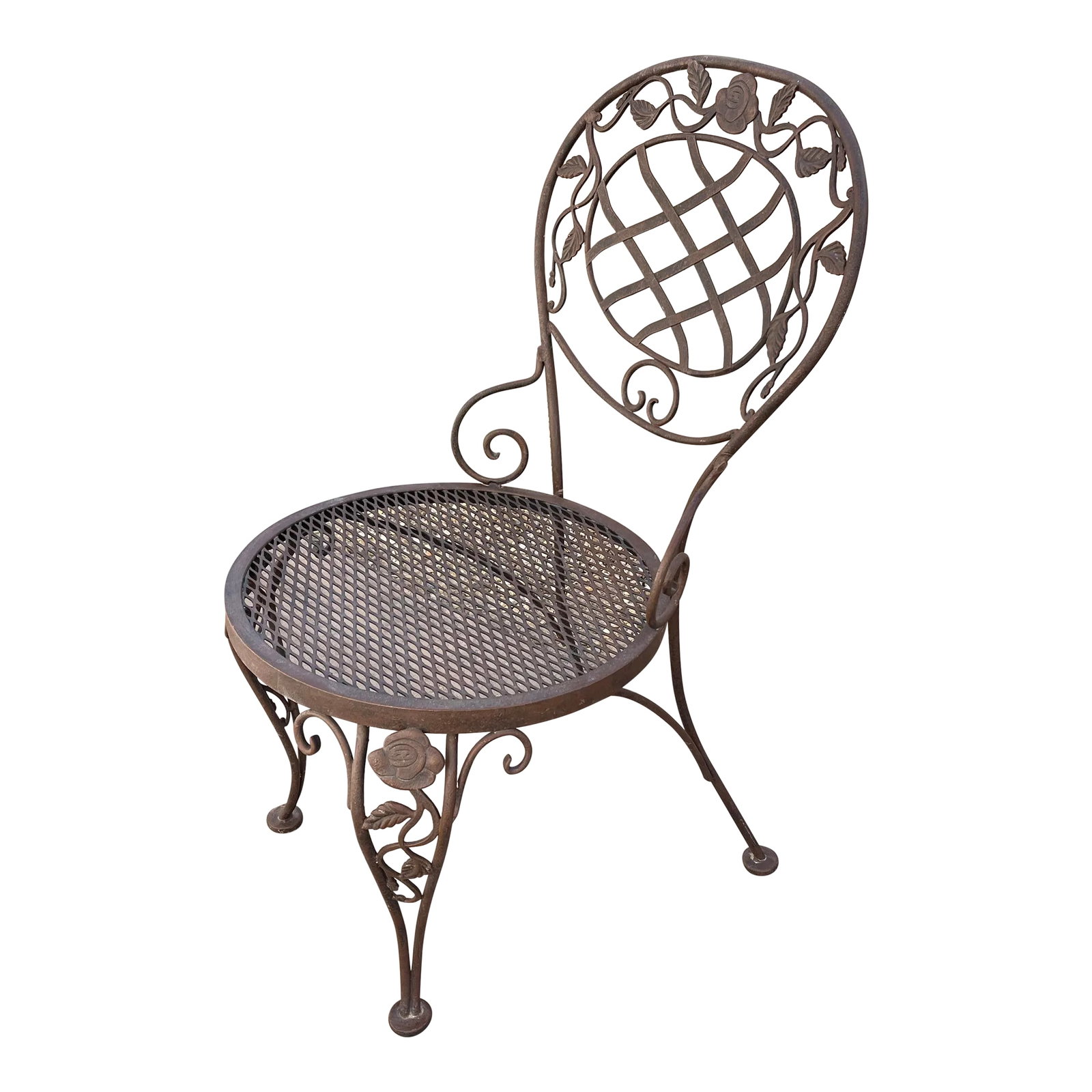 Vintage Woodard Chantilly Rose Wrought Iron Parlor Dining Chair: Single chair in need of a new foot. Otherwise, chair is in great condition, powder coated in a black/brown finish. Seat height is 15.75" and is meant to have a seat cushion. *No makers mark. See my ot