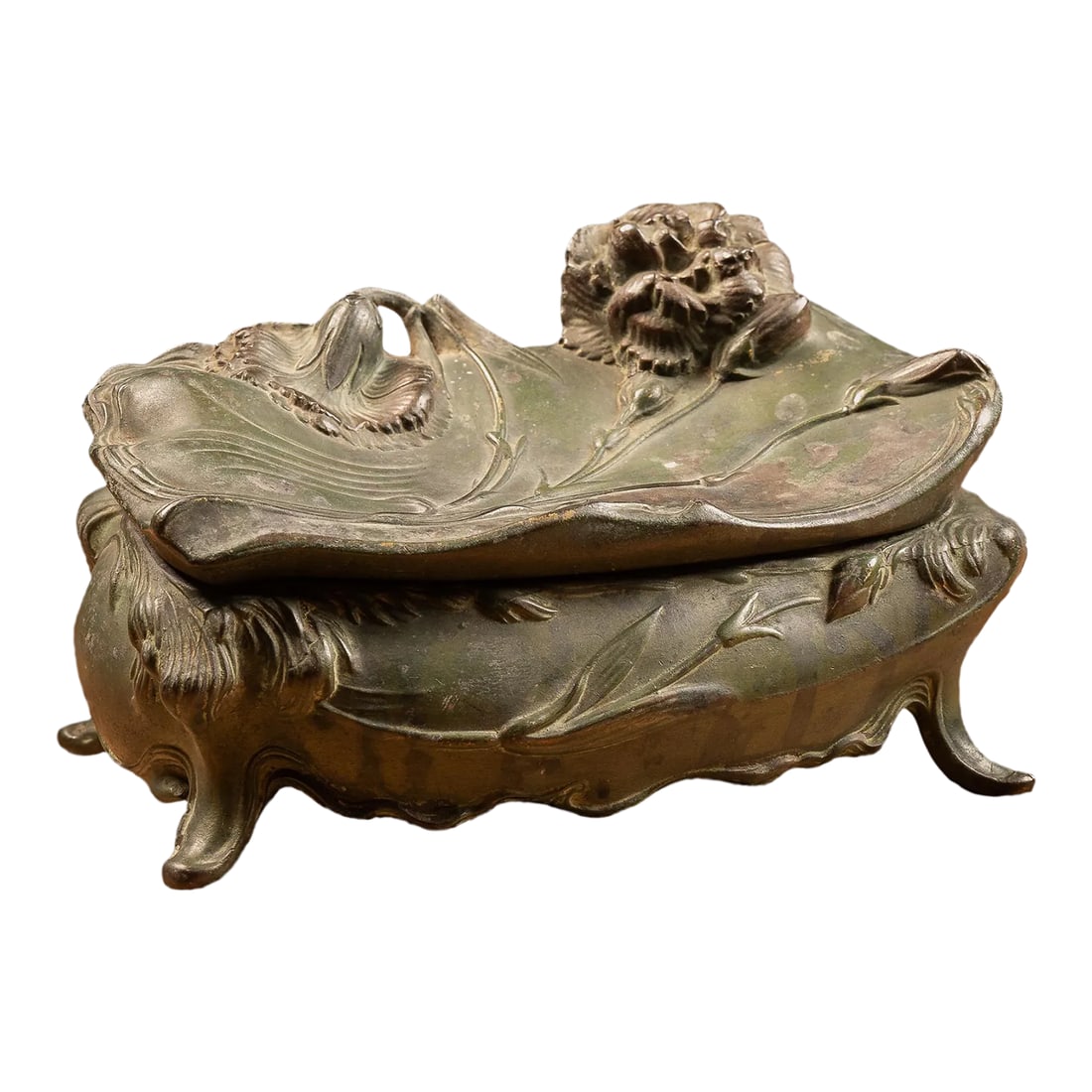 Vintage Art Nouveau Jewelry Casket: Vintage art nouveau jewelry casket. 3.5"W x 4"H. This vintage jewelry casket is possibly constructed from brass as it appears to exhibit a considerable amount of oxidation. The interior of this