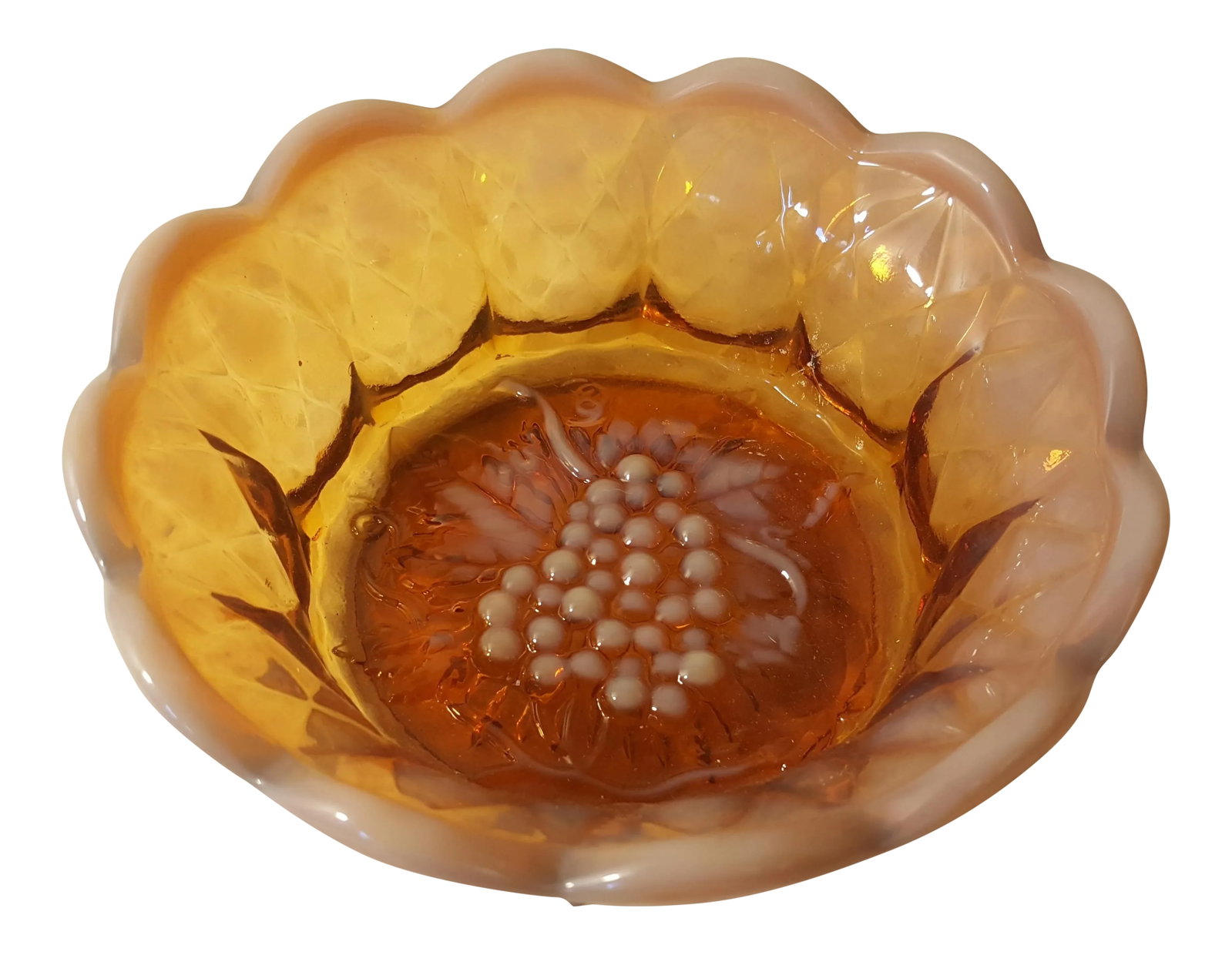 Fenton Carmel Opalescent Grape and Diamond Bowl: This is a Fenton Glass bowl with a grape and diamond pattern. It is a rare Carmel Opalescent color glass. It is a very beautiful color! Condition: Alterations: Original Condition Unaltered Imperfectio