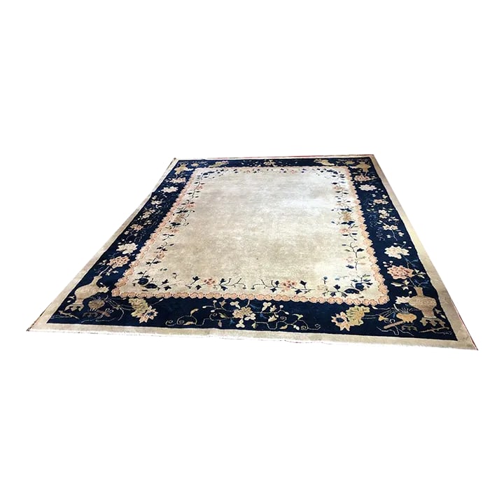 1930s Vintage 8' X 10' Plain Field Art Deco Chinese Rug: An attractive plain field Art Deco Chinese with awesome blue borders & nice off white background. This Deco measure 7'-8" x 9'-8" to be exact and this is an advantage because this size Deco is not an 