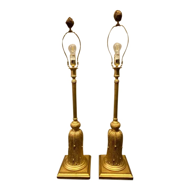 Late 20th Century Pair of Hollywood Regency Vintage Gilded Gold Chalkware Tassel Lamps: A pair of beautiful vintage gilded gold chalkware tassel lamps with original finials - Hollywood Regency in the style of Dorothy Draper. They are quite tall and definitely make a statement. Height is 