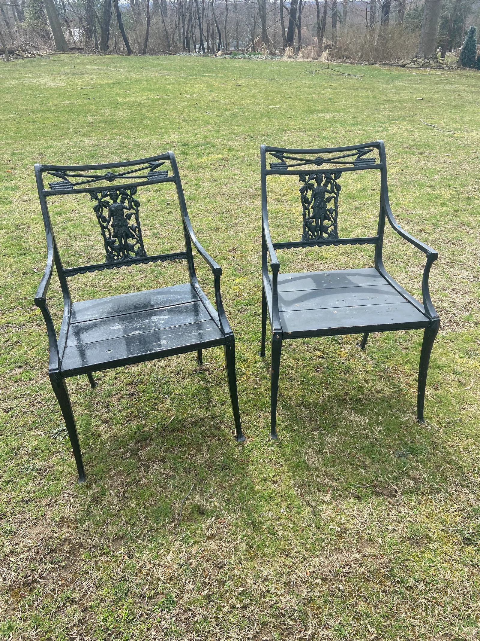 1900s Karl Friedrich Schinkel Style Neoclassical Lady Figural Cast Iron Patio Chairs - a Pair - 12