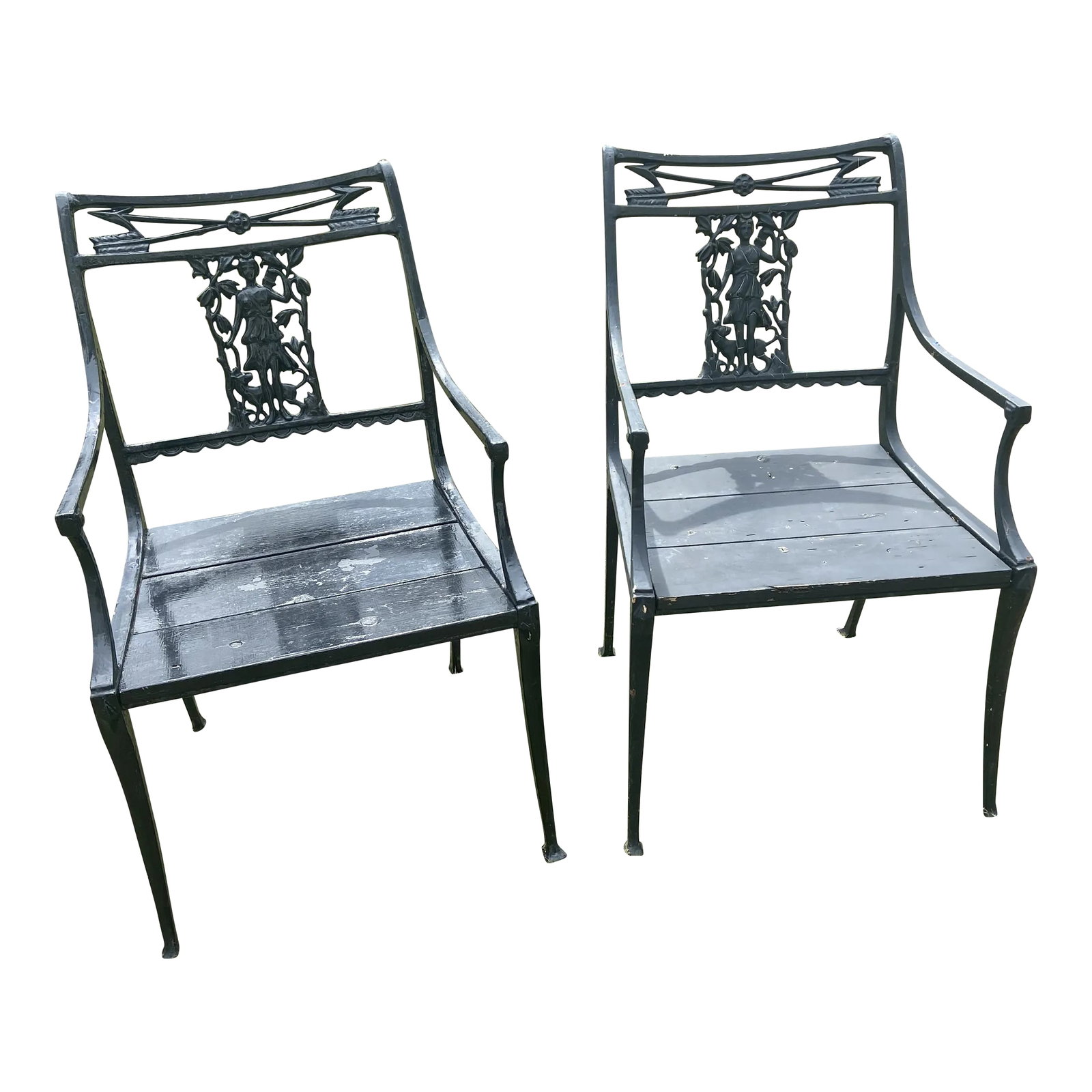 1900s Karl Friedrich Schinkel Style Neoclassical Lady Figural Cast Iron Patio Chairs - a Pair (1 of 12)