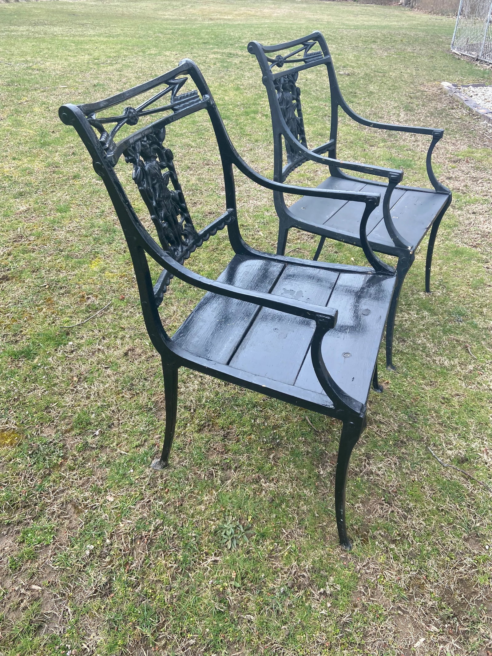 1900s Karl Friedrich Schinkel Style Neoclassical Lady Figural Cast Iron Patio Chairs - a Pair - 2