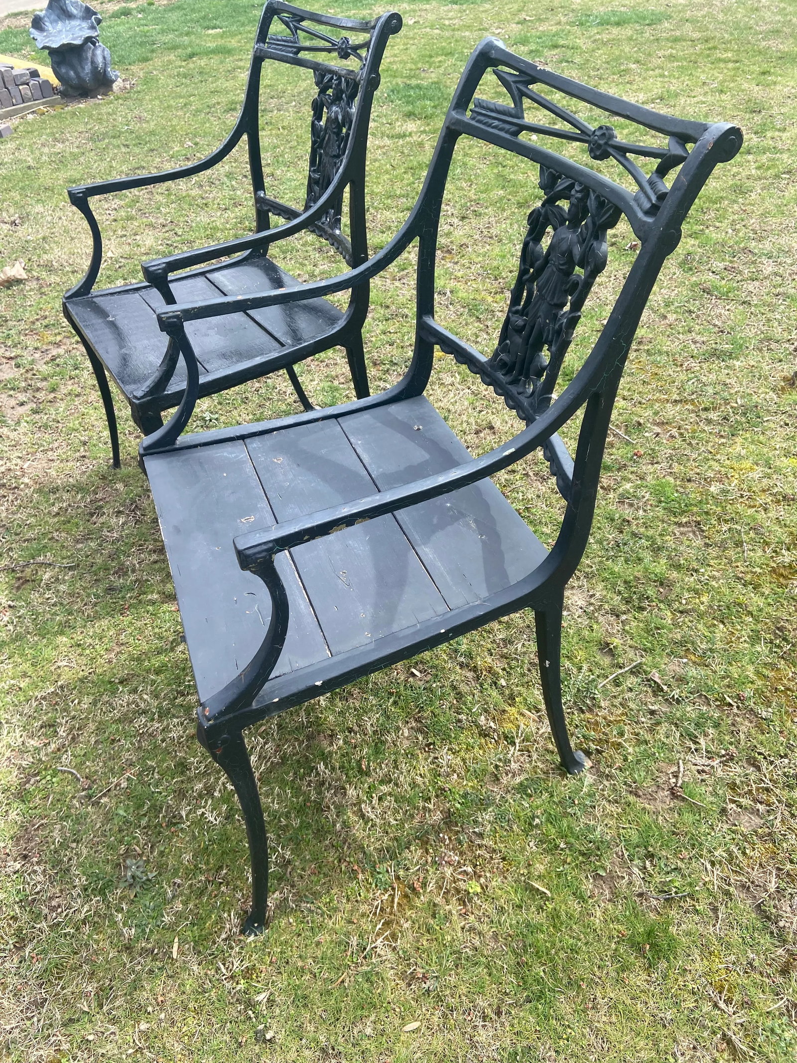 1900s Karl Friedrich Schinkel Style Neoclassical Lady Figural Cast Iron Patio Chairs - a Pair - 3