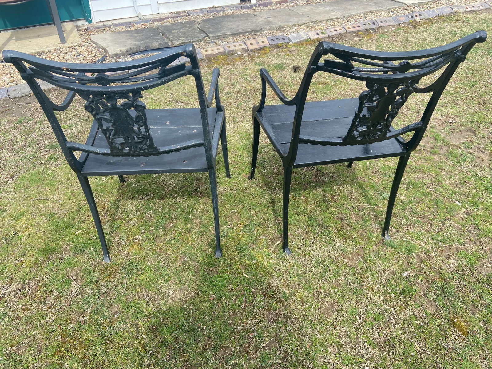 1900s Karl Friedrich Schinkel Style Neoclassical Lady Figural Cast Iron Patio Chairs - a Pair - 8