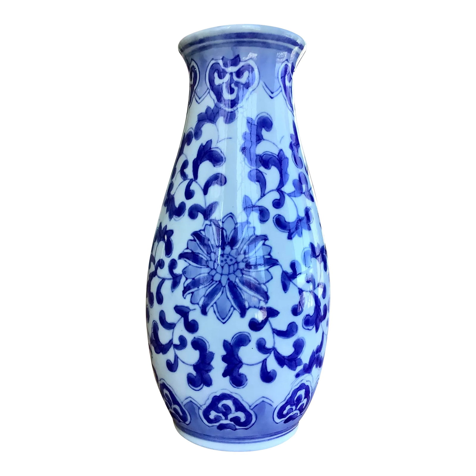 Vintage Chinese Blue & White Patterned Vase: Vintage blue and white Chinese vase in classic elegant design. 10" Tall. Condition: Alterations: Original Condition Unaltered Imperfections: Some Imperfections Condition Notes: Very good vintage condi