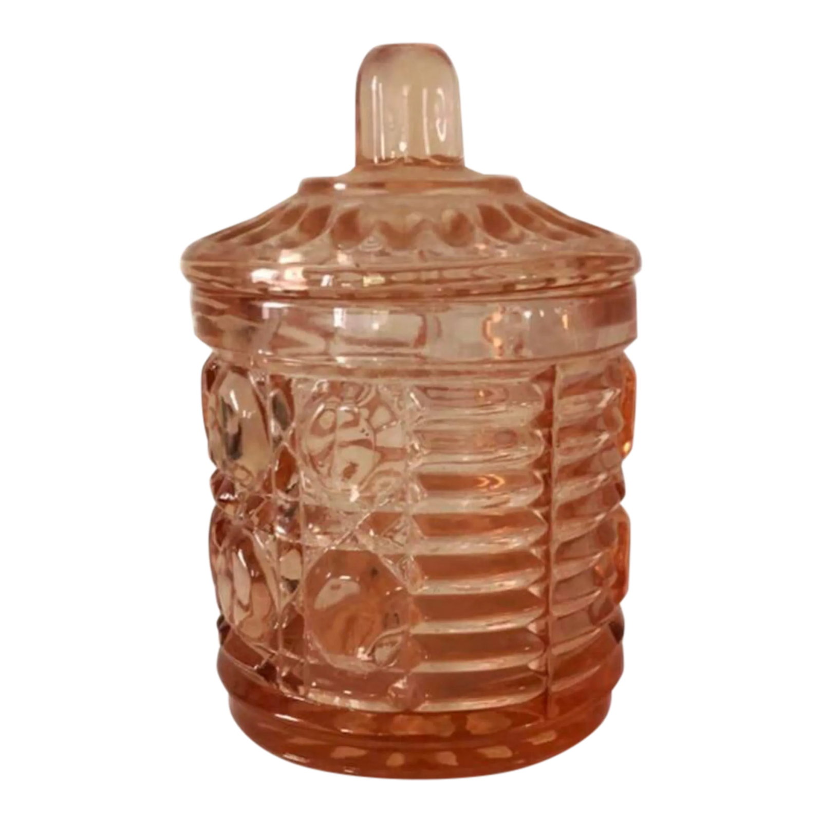 Vintage Mid-Century Indiana Glass Pinky Peach Lidded Marmalade Jar: This sweet pink lady belongs on your breakfast table or tea cart. Perfect jar for all types of sweetness...sugar, jam, jelly, or marmalade. Condition: Alterations: Original Condition Unaltered Imperfe