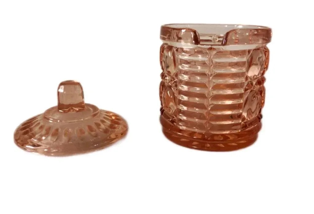 Vintage Mid-Century Indiana Glass Pinky Peach Lidded Marmalade Jar - 3
