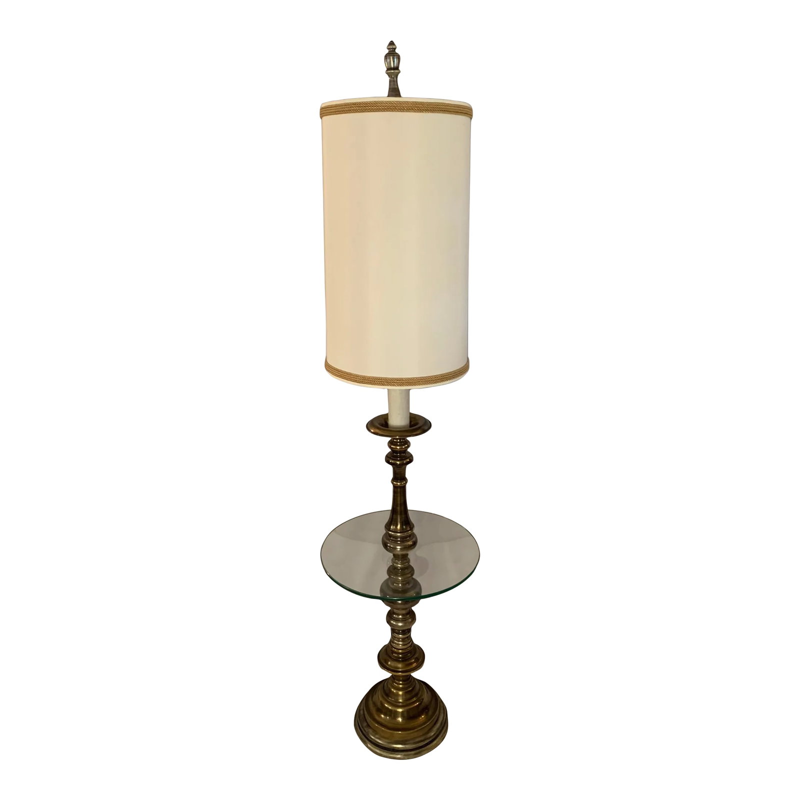 1960s Brass Side Table Floor Lamp: 1960s Brass side table floor Lamp with glass topski. Shade is 12" Diameter Condition: Alterations: Original Condition Unaltered Imperfections: Some Imperfections Condition Notes: Very good condition O