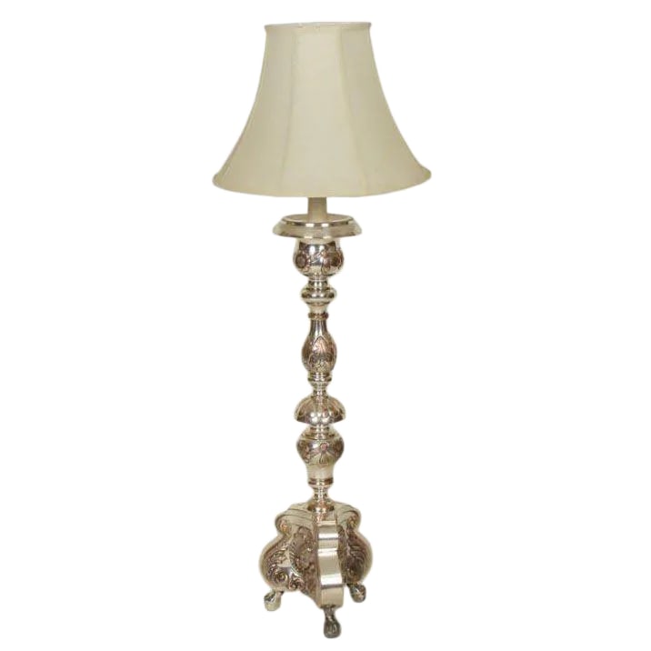 Silver on Copper Altar Stick Lamp: Louis XlV style silver on copper altar stick lamp, 19th century.The height to the top of the finial is 47 and the height of the altar stick is 33 Condition: Alterations: Original Condition Unaltered