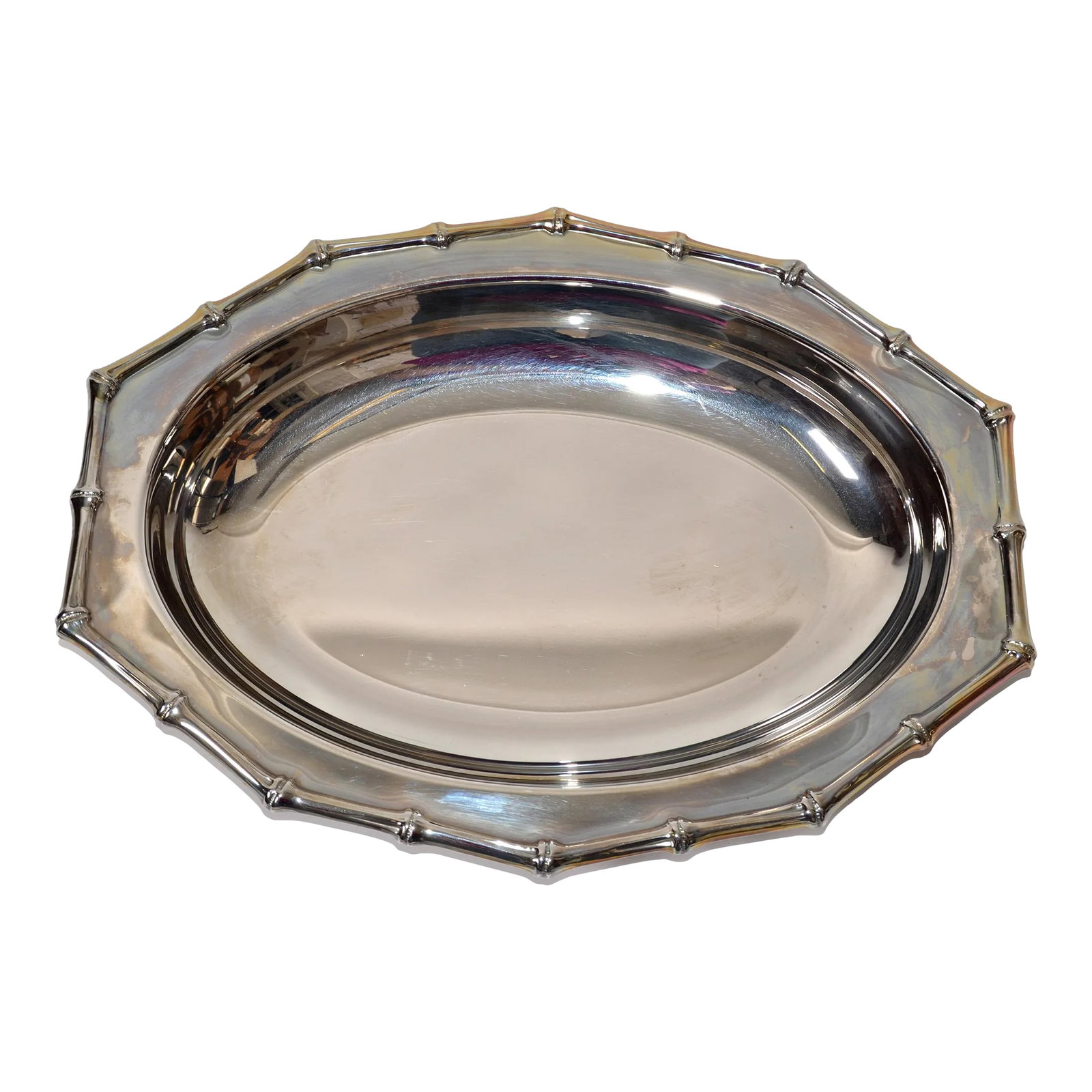 Vintage Farberware Hollywood Regency Faux Bamboo Stainless Steel Serving Tray: Hollywood Regency Vintage Oval Farberware Serving Tray, Decorative Plate, Bowl with Faux Bamboo Decor made out of 18/10 Stainless Steel in the 1980s. Farberware is a Company in America, Brooklyn New Y