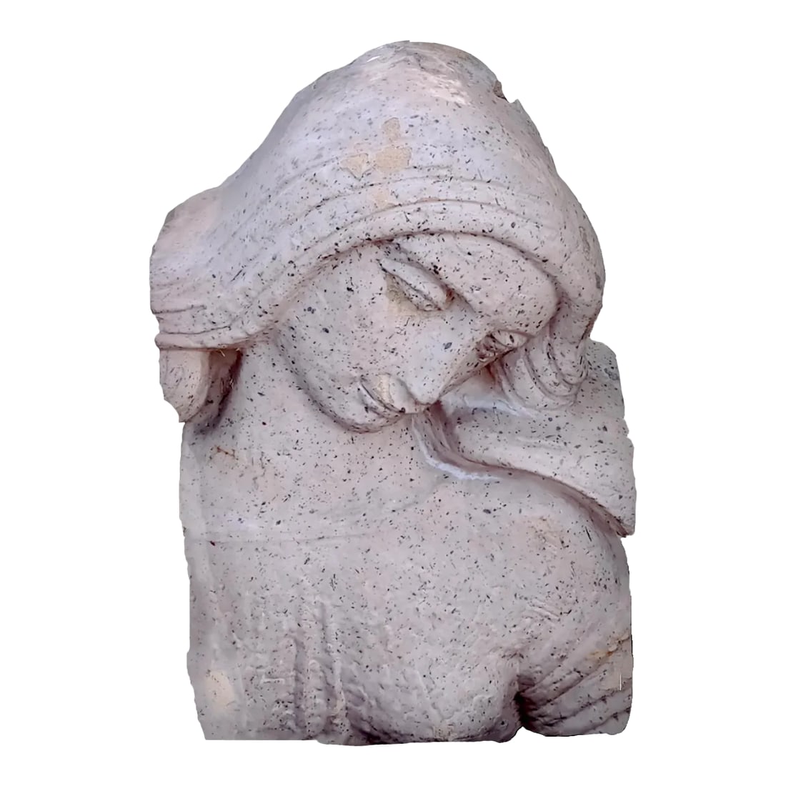 Erte Inspired Art Deco Relief Depicting Bust of Woman Architectural Remnant: An unusual and likely one of a kind cast bas relief cement bust of a shy maiden depicted in a demure pose with tilted shrouded head. She bares a resemblance to the figures and drawings created by Art