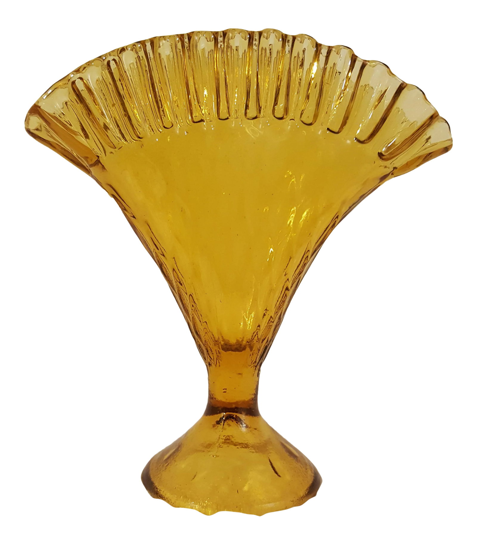 Empoli Italian Diamond Optic Amber Glass Fan Vase: The subtle diamond pattern is beautiful. This amber color is very rich and will be beautiful in a rustic home or for the Autumn holidays. Condition: Alterations: Original Condition Unaltered