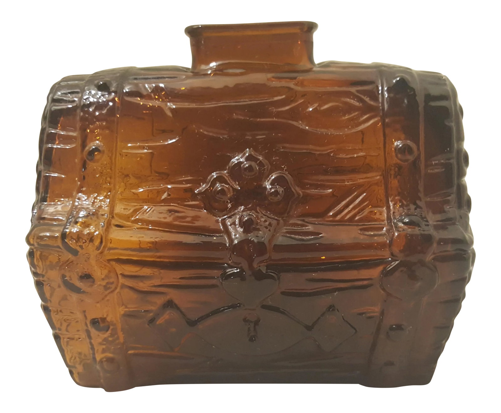 Anchor Hocking Treasure Chest Bank: This is a fun Treasure chest bank. The detail in the glass is wonderful. This piece was made by the Anchor Hocking Glass Company. Condition: Alterations: Original Condition Unaltered Imperfections: So