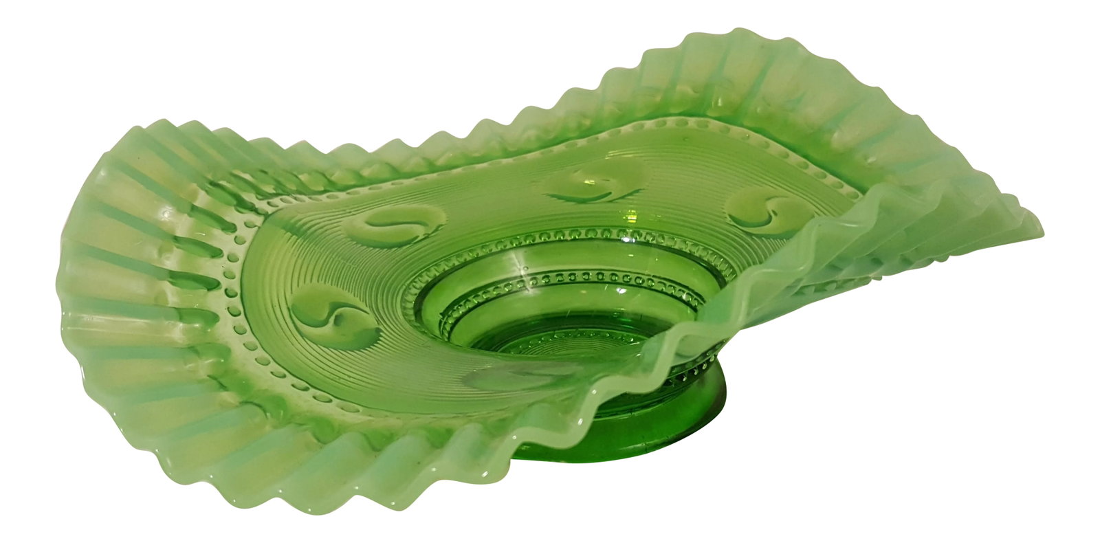 Jefferson Glass Astral Green Opalescent Crimped Edge Bowl: Pattern: Astro/Astral Color: Green Opalescence MFG: Jefferson Glass Produce: 1904-1905 *Only Bowls were made in this pattern. It is an extremely scarce treasure.* Condition: Alterations: Original