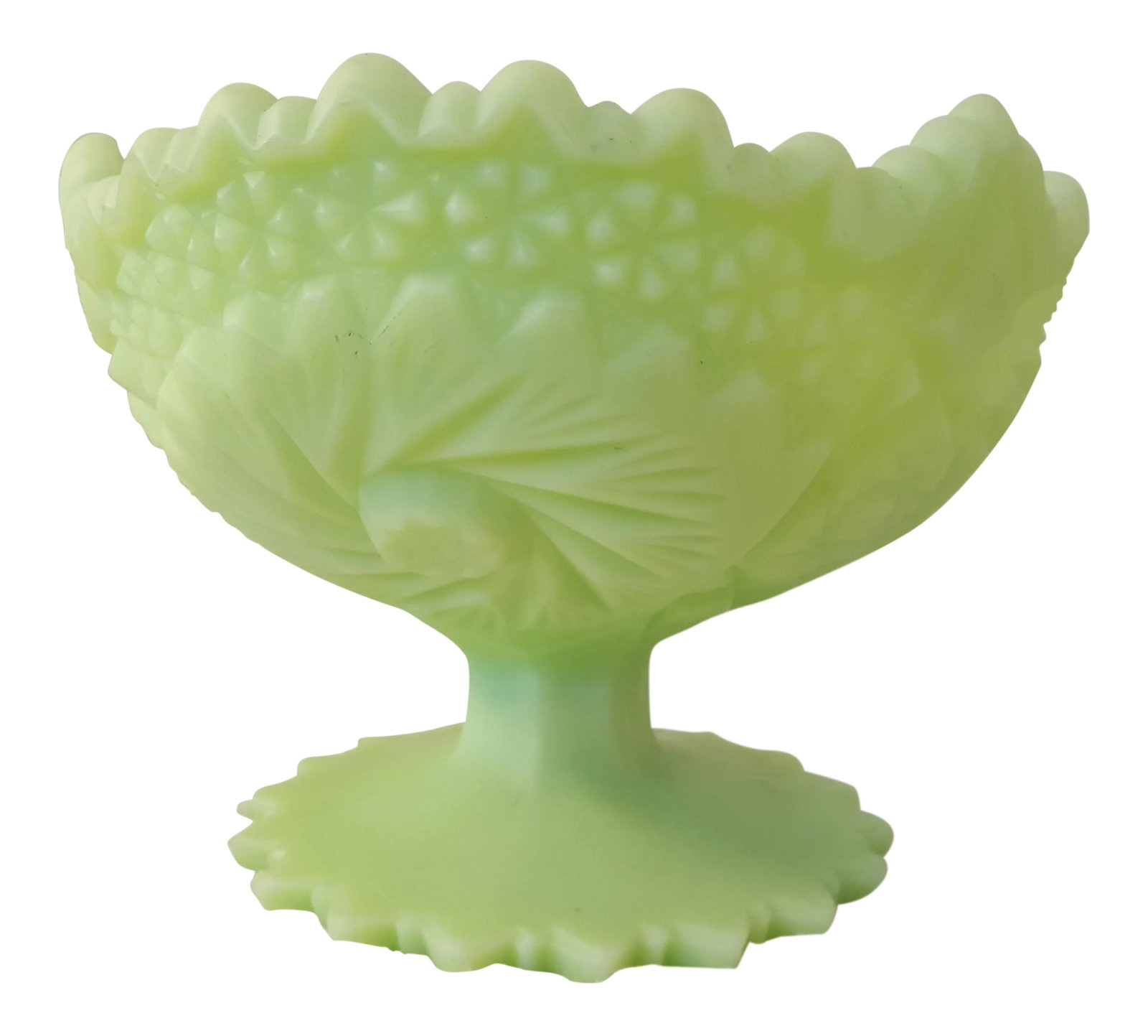 Large Fenton Custard Pinwheel Design Compote: Vintage Fenton Pinwheel Custard compote with a sawtooth edge Condition: Alterations: Original Condition Unaltered Imperfections: Some Imperfections Condition Notes: Excellent - Minor wear consistent
