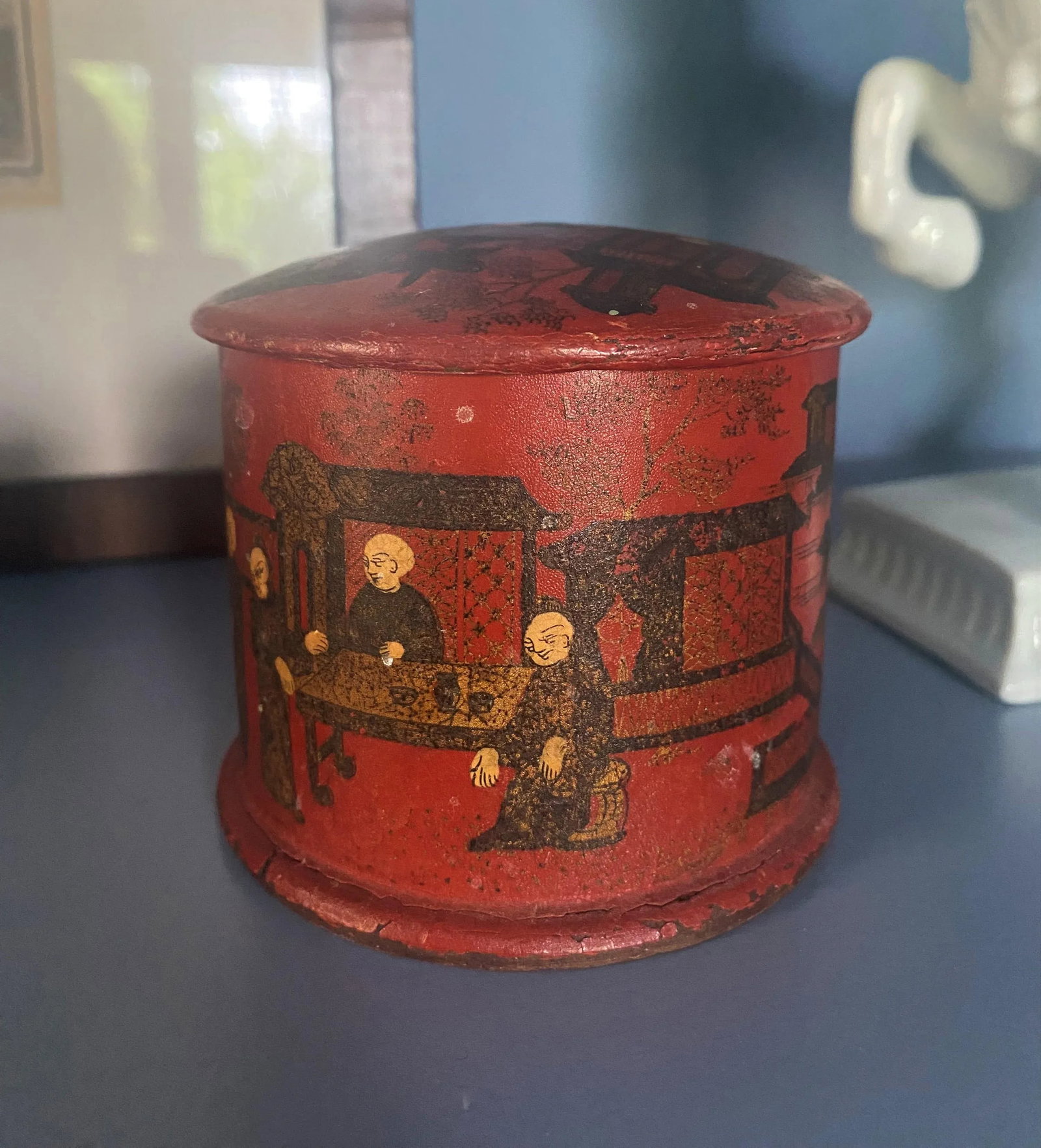 Antique Red Round Paper Mache Chinoiserie Box - 11