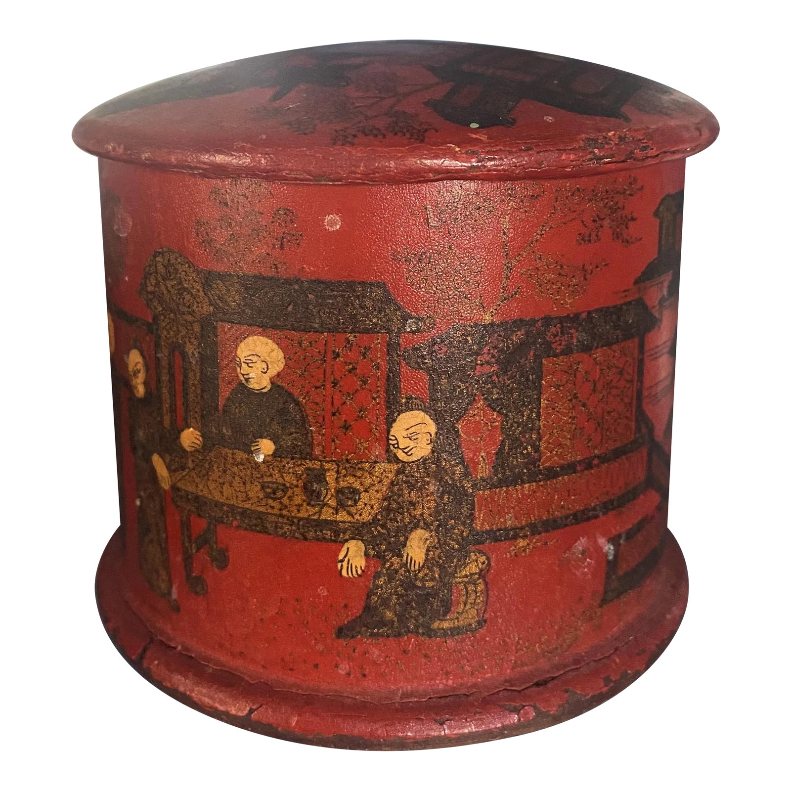 Antique Red Round Paper Mache Chinoiserie Box: Antique Chinoiserie Hand Painted Papier-Mache Round Red Stamp Box CIRCA: Late 19th Century MAKER'S MARK: None present. Made in England DIMENSIONS: 3 and 3/4"diameter x 2 and 3/8"deep x 3 and 1/4"high