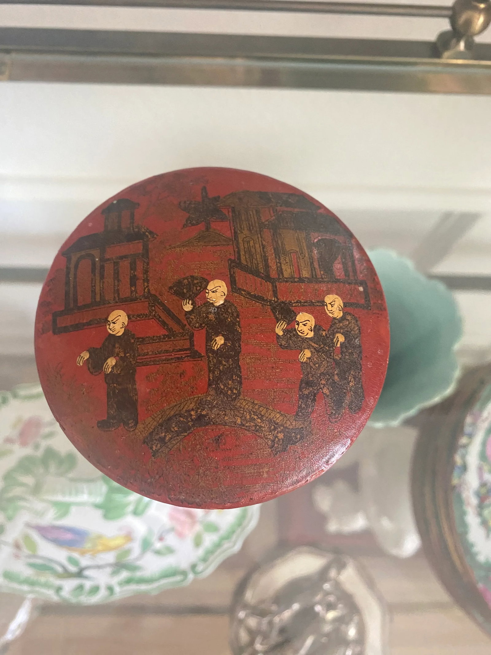 Antique Red Round Paper Mache Chinoiserie Box - 3