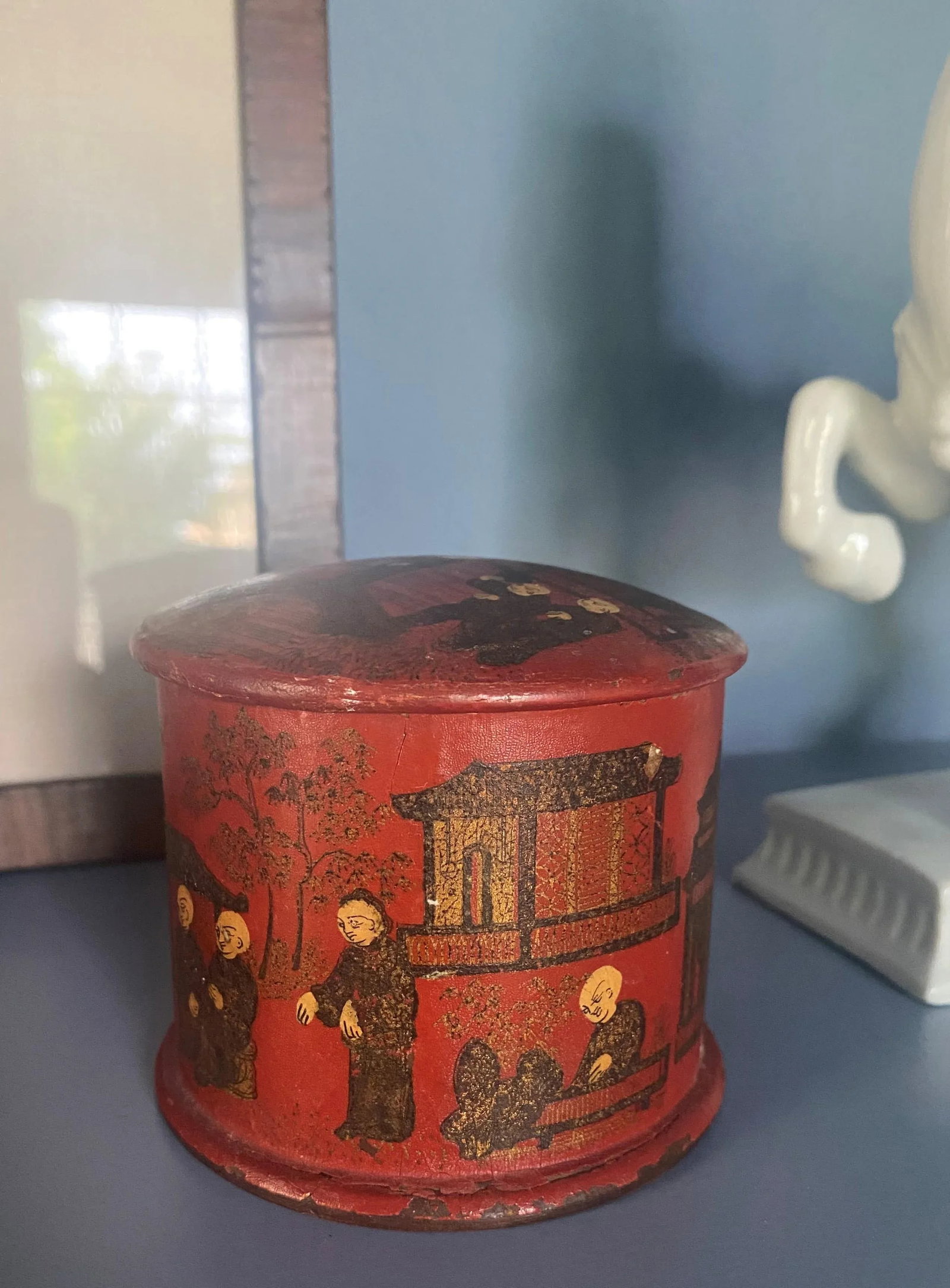 Antique Red Round Paper Mache Chinoiserie Box - 4
