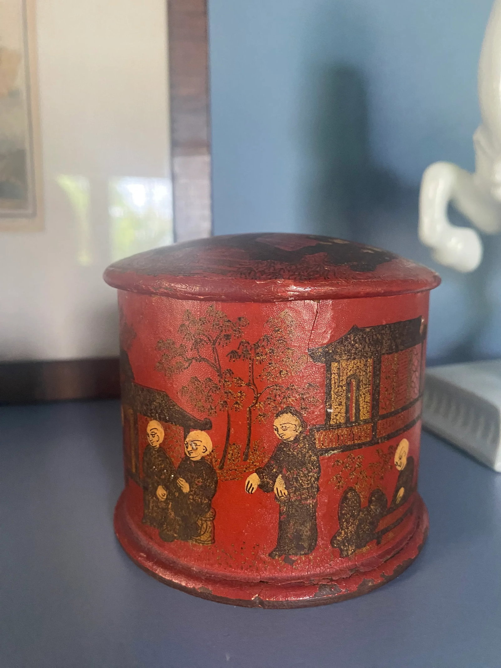 Antique Red Round Paper Mache Chinoiserie Box - 6