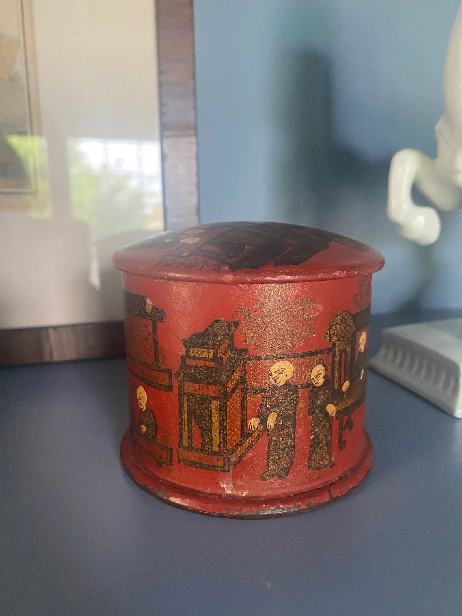 Antique Red Round Paper Mache Chinoiserie Box - 8