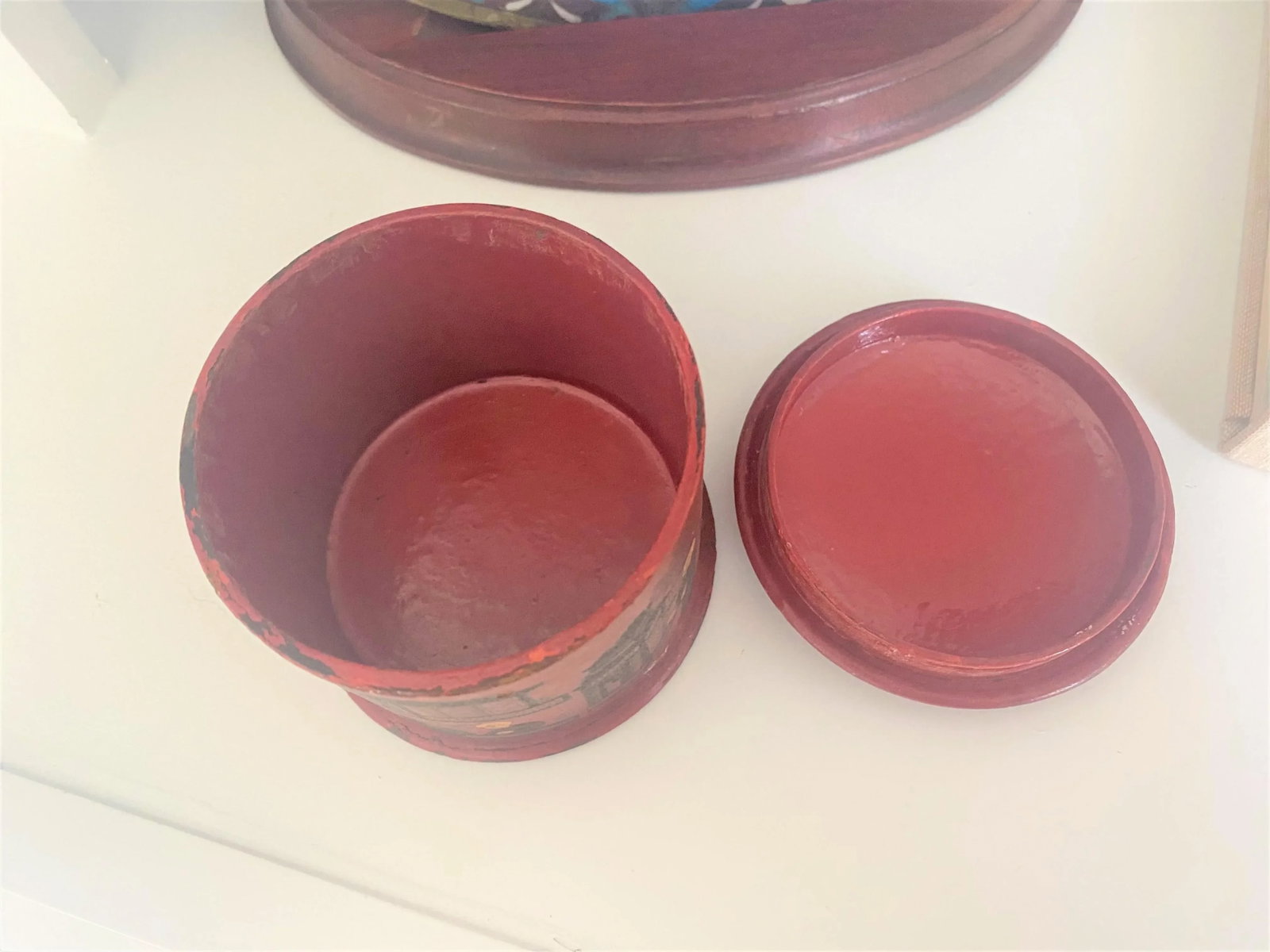 Antique Red Round Paper Mache Chinoiserie Box - 9