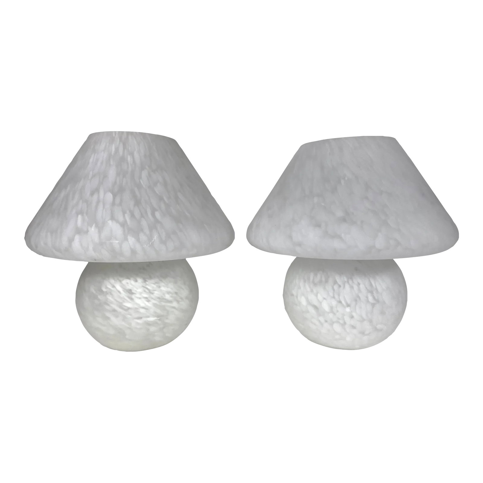 Pair of 1970s Murano Venini Style Mushroom-Shaped Frosted Speckled Glass Lamps: A gorgeous pair of Murano mushroom lamps, with frosted, speckled glass. These pieces are definitely handmade, as there are slight differences in size & coloring between the two, but still beautiful as